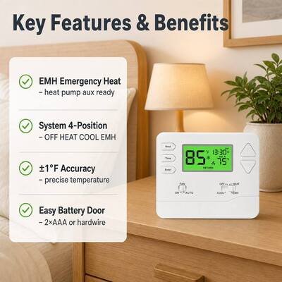 Riseem 1 Amp Per Terminal Load Rating Heat Pump Thermostat for System Operation in Conventional Or Heat Pump Applications