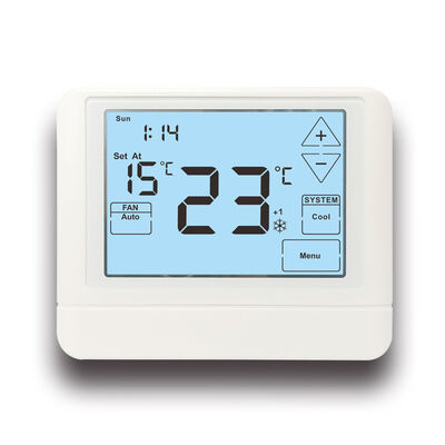 LCD Touch Screen Wired Room Thermostat Compatible with Air Conditioning Heat Pump Units Featuring White Blue Green Backlight Color