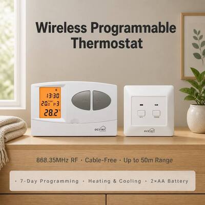 बंद सिस्टम ऑपरेशन मोड वायरलेस बॉयलर आरएफ प्रोग्रामेबल थर्मोस्टेट 130 X 80 X 35 मिमी कॉम्पैक्ट आकार वाणिज्यिक एचवीएसी नियंत्रण समाधानों के लिए आदर्श