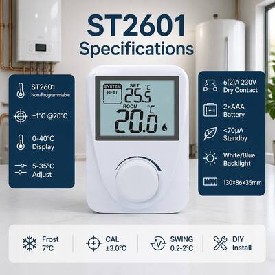 डिस्प्ले तापमान रेंज 3°C से 37°C डिजिटल रूम बॉयलर थर्मोस्टैट सफेद रंग कॉम्पैक्ट आकार तापमान प्रबंधन समाधान