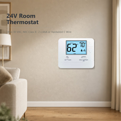 24V या बैटरी संचालित भौतिक आयाम 4.72 W X 3.85 H X 1.06 D एलसीडी नॉन-प्रोग्रामेबल थर्मोस्टेट पारंपरिक हीटिंग कूलिंग सिस्टम 1H 1C स्टेज के लिए